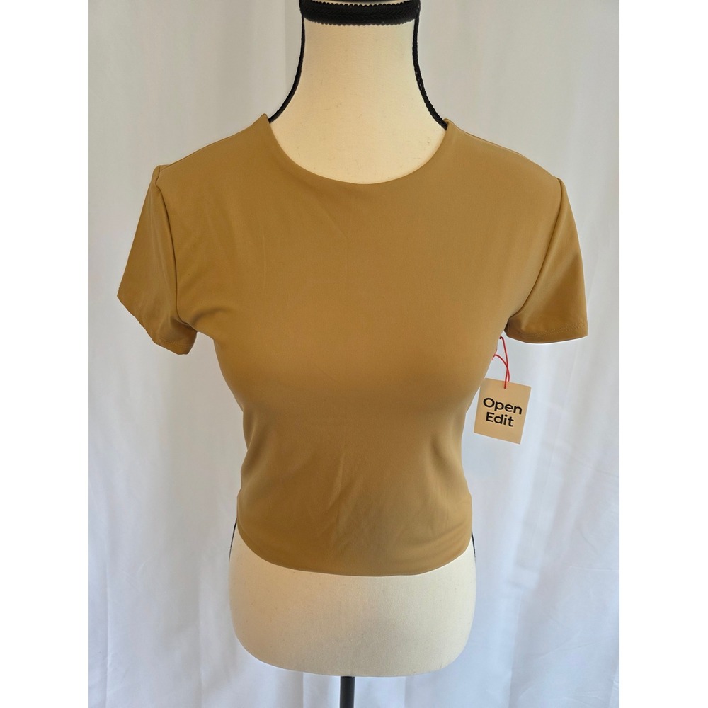 Open Edit Women's Tan Cropped T Shirt Short Sleeve Basic Knit Top M‎